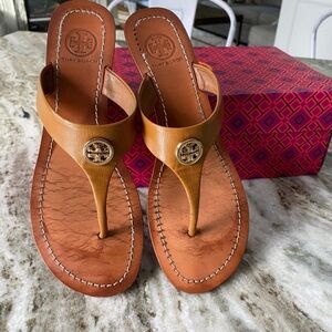 Tory Burch Brown Leather Thong Wedge Sandals